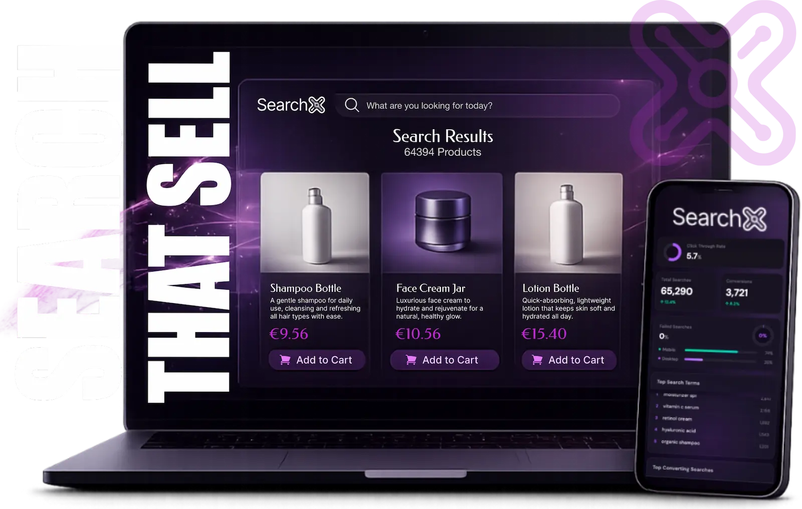 SearchX AI-powered search interface showing autocomplete, filters, and product results for e-commerce stores